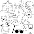 Summer beach vacation set. Tropical island swimming in the sea and sun. Vector black and white coloring page