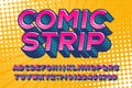 Comic Strip alphabet font. Letters and numbers in retro comic style. Halftone background.