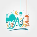 Eid al adha typography with mosque silhouette