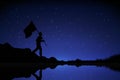 Silhouette Soldier bring flag in night sky background. War background with Soldier bring flag