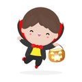 Happy Halloween. Cute Little Dracula Vampire holding pumpkin and flying bats, children in Halloween costume isolated Royalty Free Stock Photo