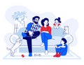 Family sitting on the couch, talking. Parents, children, mother, father, brother, sister have fun with dogs in modern cozy home