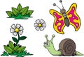 Nature elements with happy cartoon style butterfly and snail vector isolated Royalty Free Stock Photo