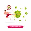 Muay thai fighter flying kick evil corona virus. spirit to stop and destroy virus bacteria with traditional martial art from thail