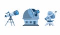 Astronomy discovery equipment set. observatory dome, telescope, planetarium and satellite dish cartoon flat illustration vector is