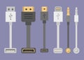 Cable collection, hdmi, usb, lightning, jack audio front and top view in flat illustration Royalty Free Stock Photo