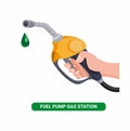 Hand holding fuel nozzle, petrol pump with oil drop in gas station cartoon flat illustration vector isolated in white background Royalty Free Stock Photo