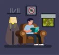 Relaxing man reading book in home, stay at home and self quarantine activities to protection from pandemic virus infection in cart