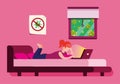 Girl laying on bed using laptop in self quarantine activity to protection corona virus infection. cartoon flat illustration vector