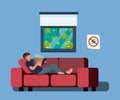 Guy laying on sofa playing smartphone table, stay at home or self quarantine to protection from corona virus infection in cartoon