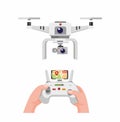 White drone with dual camera. hand holding remote control drone with smartphone screen to monitor location cartoon illustration ve Royalty Free Stock Photo