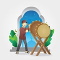 Eid al fitr greetings with a boy hitting a ceremonial drum Royalty Free Stock Photo