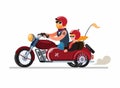Couple man and woman riding motorbike with sidecar or sespan modification in cartoon flat illustration vector isolated in white ba