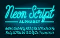 Neon Script alphabet font. Hand drawn neon light letters and numbers. Uppercase and lowercase.