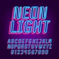 Neon alphabet font. 3D effect neon light uppercase letters and numbers. Royalty Free Stock Photo