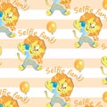 Cute funny lion seamless vector pattern. Selfie fan)) collection.