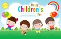 Happy Children`s day poster with happy kids greeting card background vector illustration International Children`s Day design.
