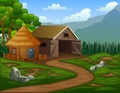 Cartoon barn house with a cabin in the farmland Royalty Free Stock Photo
