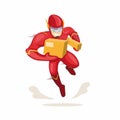 Superhero carrying package mascot for courier express delivery service in cartoon flat illustration vector isolated in white backg Royalty Free Stock Photo