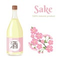 Sake in glass bottle and branch of blossoming pink sakura isolated on white background. Vector illustration of Japanese rice wine