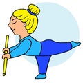 Sweet illustration. Woman doing yoga or gim, she holds a stick in her hands.