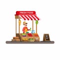 Man selling fresh vegetable and fruit in traditional wooden market food stall. cartoon flat illustration vector isolated in white Royalty Free Stock Photo