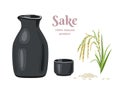 Sake in ceramic black bottle and cup, ear of rice and grains isolated on  white background. Vector illustration Royalty Free Stock Photo
