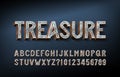 Treasure alphabet font. 3D gold letters and numbers with gemstones.