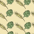 Illustration spikelets of wheat and hop cones on a yellow background