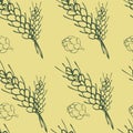 Illustration spikelets of wheat and hop cones on a yellow background