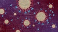 Artistic illustration of coronavirus with blue antibodies