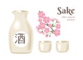 Sake isolated on white background. Ceramic light bottle with Japanese rice wine, two cups and pink sakura flowers. Royalty Free Stock Photo