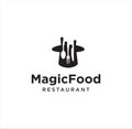 Magic Food Logo Vintage Hipster Retro, fork and spoon food in magic hat logo Design Template.