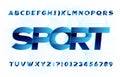 Sport alphabet font. High speed effect letters and numbers on bright background.