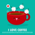Happy Cute cup of coffee with white sugar funny character. Cute sugar jumping on coffee cup, i love coffee poster Isolated