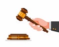 Hand holding judge gavel, wooden hammer symbol for law and justice in cartoon flat illustration vector isolated in white backgroun Royalty Free Stock Photo