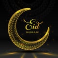 Eid Mubarak Golden Black design Wallpaper with golden 3D Moon and Mandala. Royalty Free Stock Photo