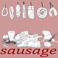 Print.vector illustration meat sausages on a pink background and text