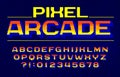 Pixel Arcade alphabet font. Digital gradient letters and numbers. Pixel background. Royalty Free Stock Photo