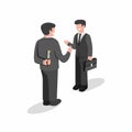 Two business man standing and but first one holding knife behind back to backstab. hiding killer concept in cartoon flat illustrat Royalty Free Stock Photo