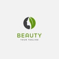 Beauty woman fashion logo. Abstract girl face and green leaf vector