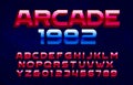 Arcade 1982 alphabet font. Pixel gradient letters and numbers. Pixel background.