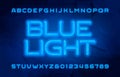 Blue Light alphabet font. Neon color letters and numbers. Polygonal background. Royalty Free Stock Photo