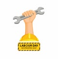 Labour day logo symbol mascot, hand holding tools with helmet worker day celebration decoration in cartoon flat illustration vecto