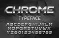 Chrome alphabet font. 3D metal effect letters and numbers with shadow. Abstract background. Royalty Free Stock Photo