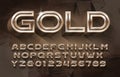 Gold alphabet font. 3d golden letters and numbers. Abstract background. Royalty Free Stock Photo