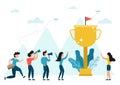 Flat vector illustration business team success concept. People celebrating success with giant golden trophy.