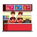 Fast food cashier counter, man and woman wear uniform work in burger restaurant in cartoon flat illustration vector