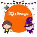 Happy halloween poster, Cute Little Dracula Vampire and witch holding pumpkin kids in Halloween cosplay trick or Treating Royalty Free Stock Photo