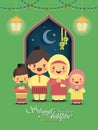 Hari Raya Aidilfitri - cartoon muslim or malay family celebrate idul fitri Royalty Free Stock Photo